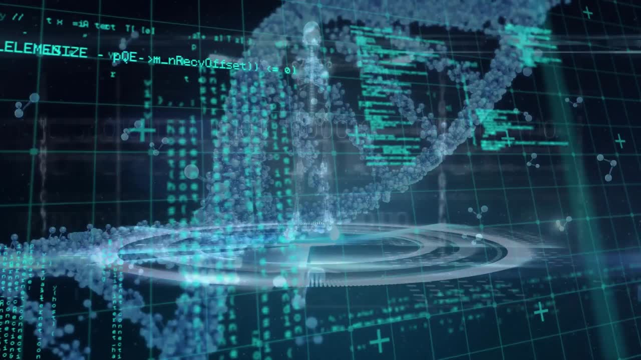 검은색 배경에 있는 dna 줄의 애니메이션과 데이터 처리