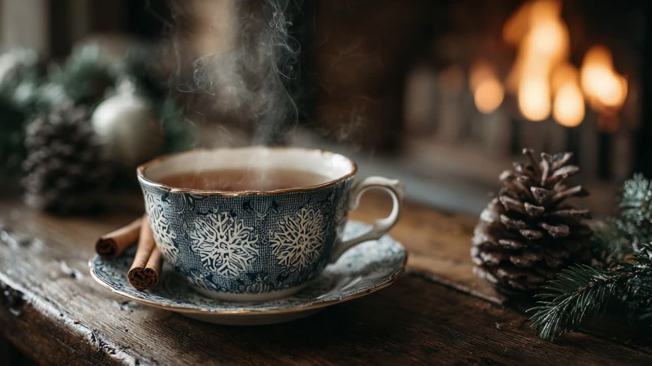 A Cozy Winter Scene Featuring a Steaming Cup of Tea Surrounded by Pine Cones and Firelight, Perfect for Warmth and Comfort in Cold Weather
