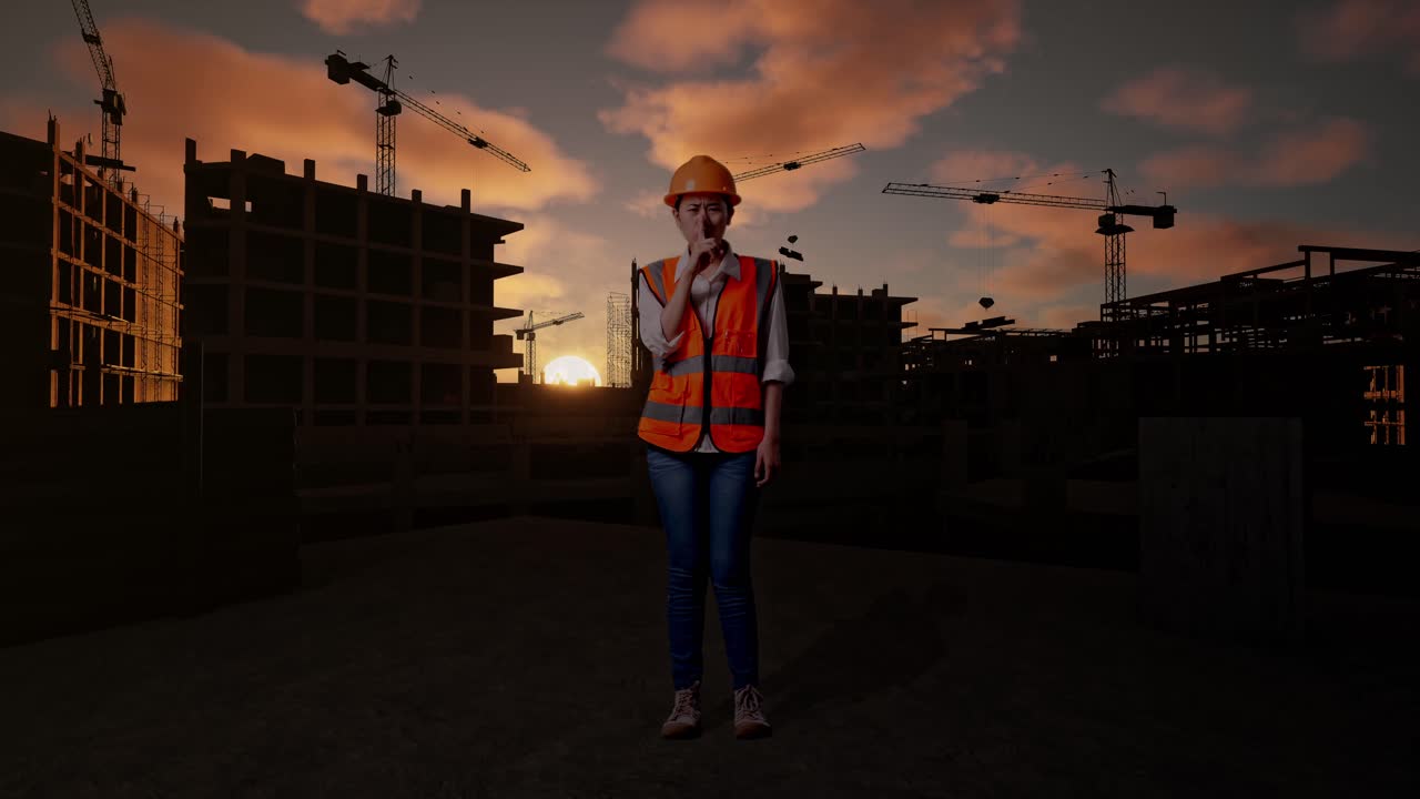 Full Body Of Asian Female Engineer With Safety Helmet Making Shh Gesture While Standing At Construction Site in Progress to New House