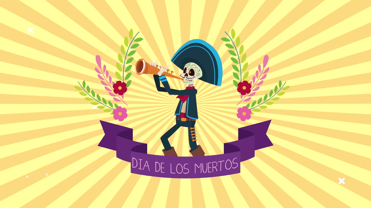 celebración del día de los muertos con el cráneo de mariachi tocando la trompeta