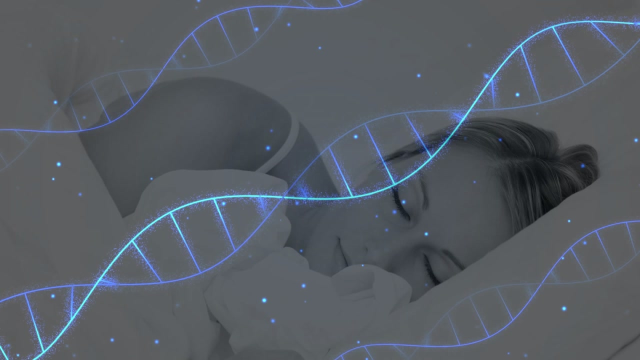 Sleeping woman breathing initiating glowing DNA helix drifting across body for health visualization