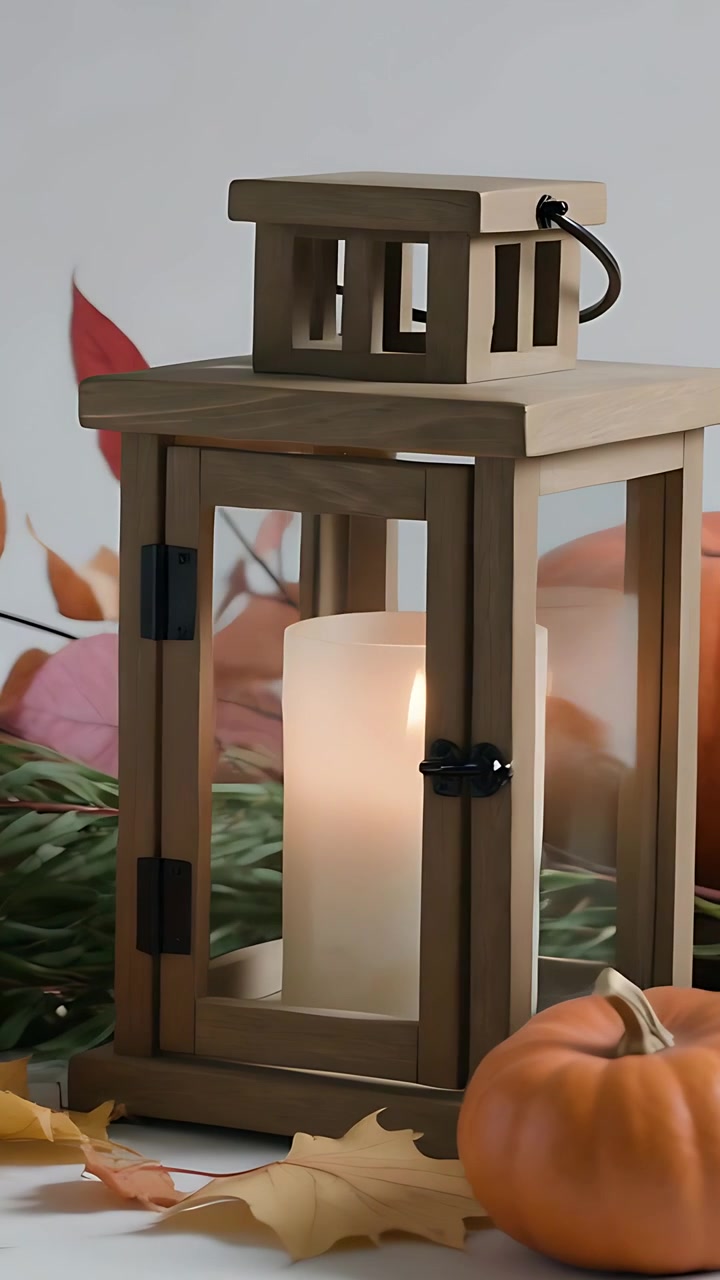 Video verticale: Telecamera in panoramica che mostra una lanterna di legno, una candela a LED, zucche su un tavolo, spazio per il testo.