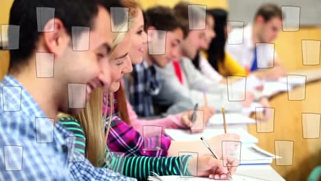 animation of books and pencils icons moving over happy students writing