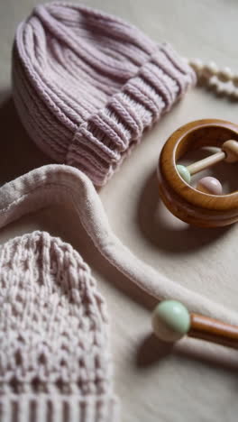 baby knitted hats and wooden rattle