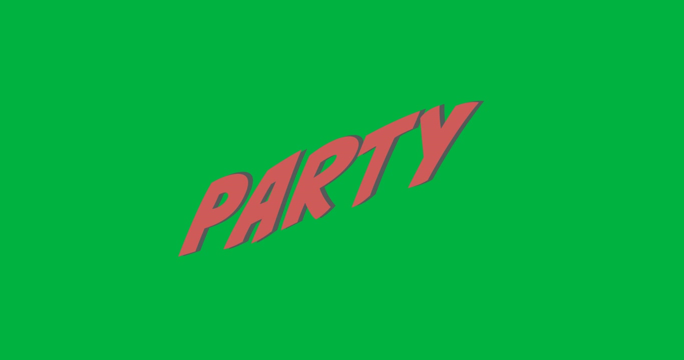 Animazione digitale di un banner di testo rosso con la scritta 'party' su sfondo nero.
