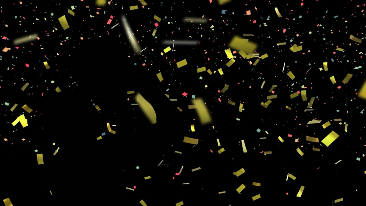 Animation of gold confetti falling over red moving wave