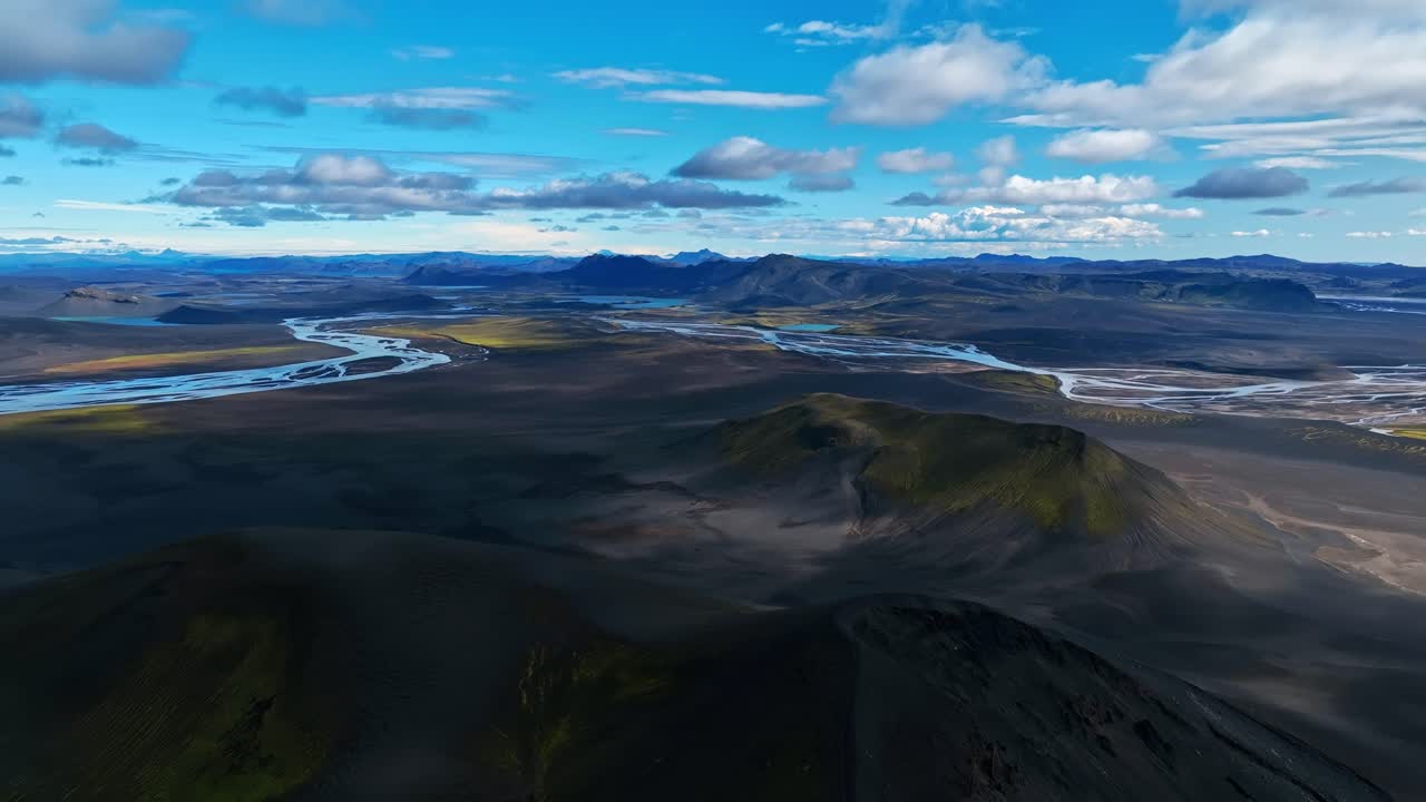 Aerial view of far away glacial rivers in Iceland’s highlands
