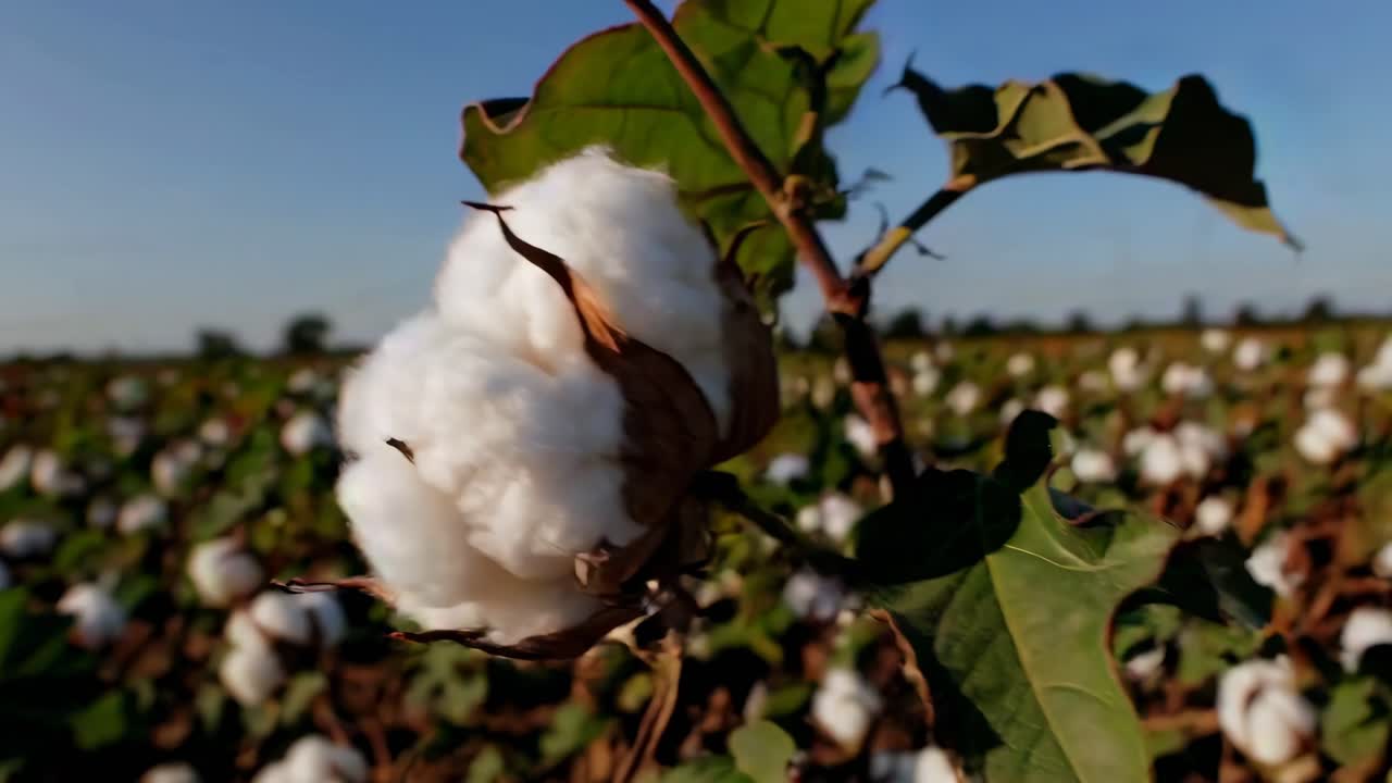 Close-up, low-angle shot of a cotton plant in a field, highlighting texture and detail