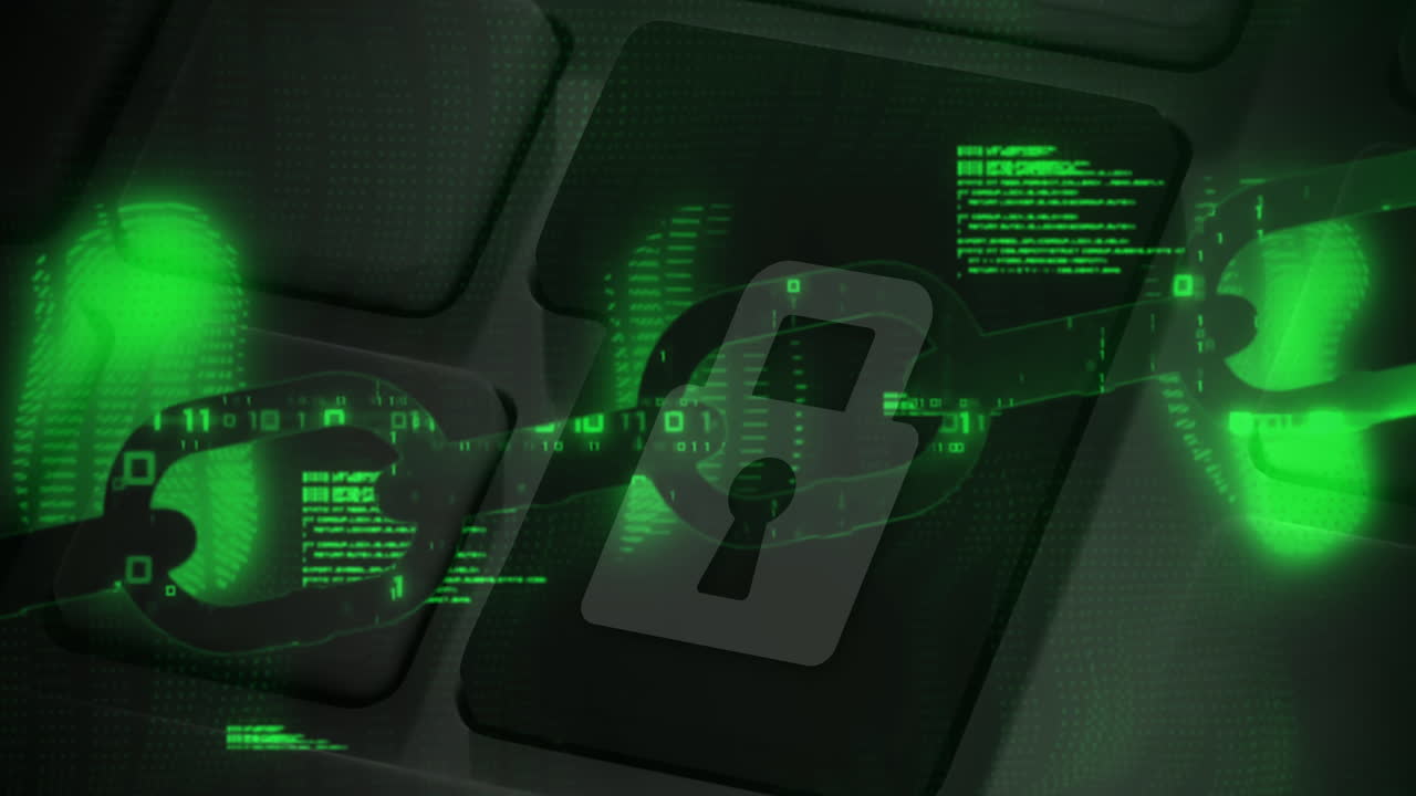 Glowing green security chain against close up of security padlock key