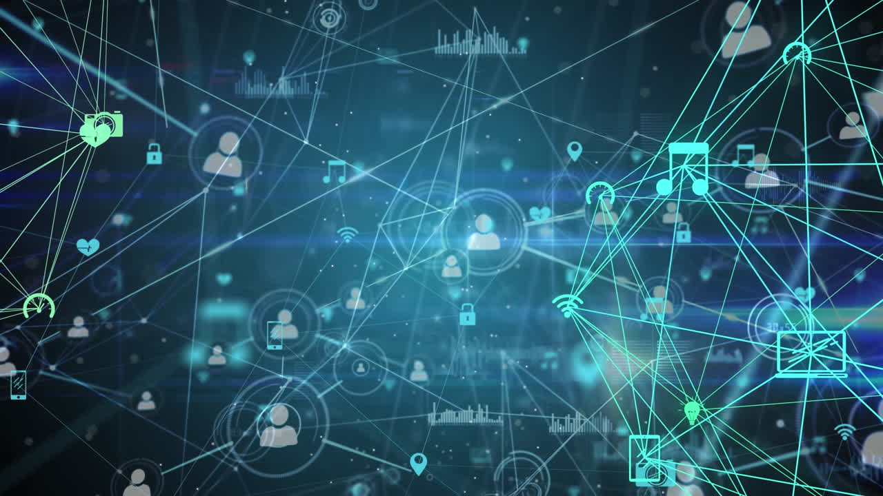 Animation of network of connections with social media icons over blue background