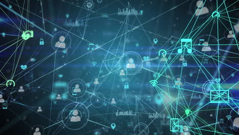 animation of network of connections with social media icons over blue background