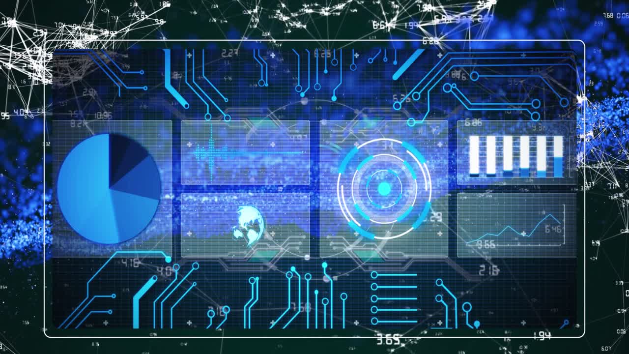 Animation of graphs, loading circles, globe, circuit board pattern over connected dots with numbers