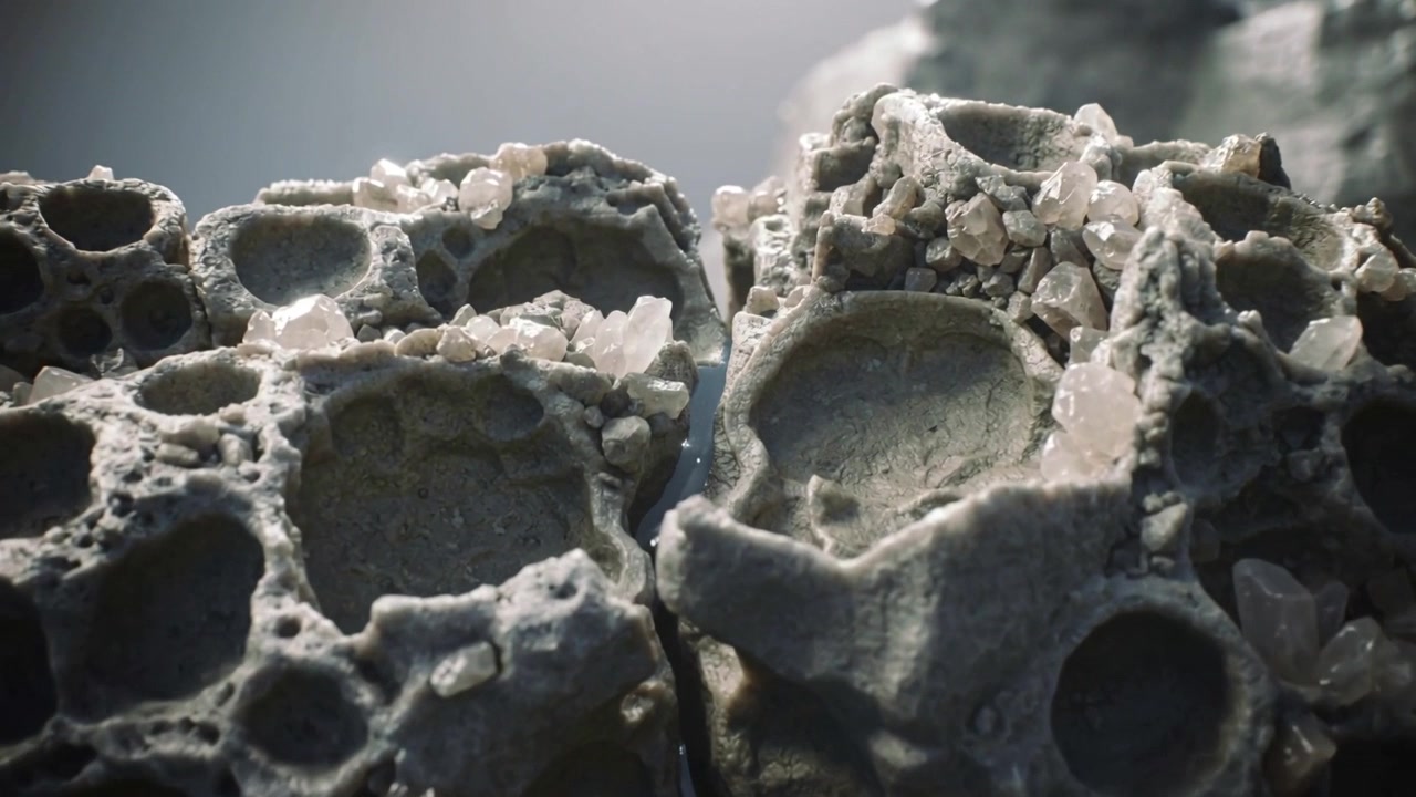 Bevægeligt kamera afslører porøse mineralnoder i studie, viser hulrumsdetaljer, med druse.