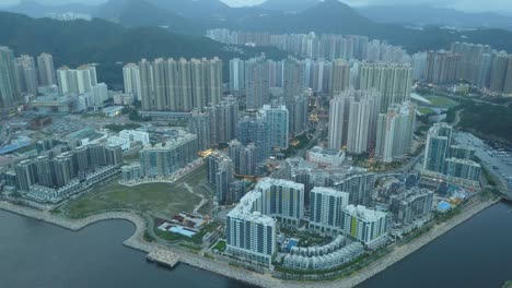 drone footage of tseung kwan o city, hong kong