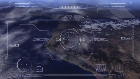 Aerial view HUD digital futuristic surveillance monitor screen display.