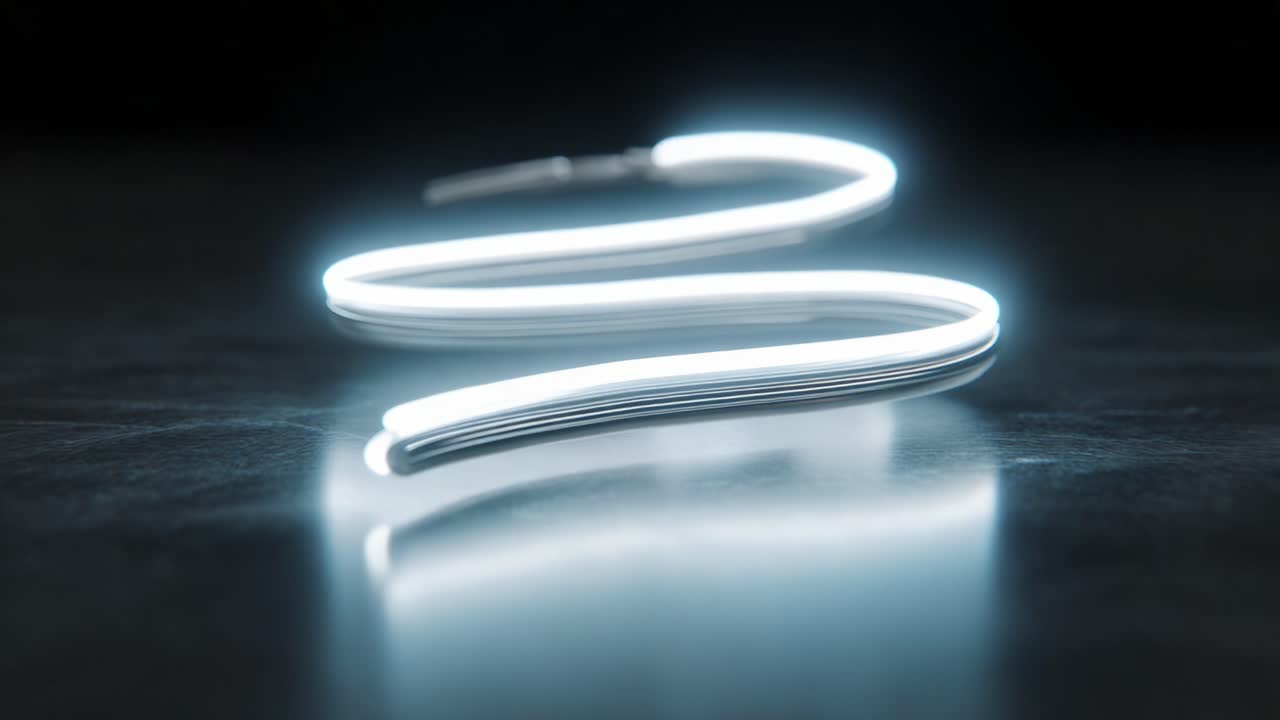 Illuminated S-Shaped Light Form Displaying a Soft Glow on a Dark Surface, Captured in Two Distinct Frames That Showcase the Fluid Motion and Aesthetic Appeal of Neon-Like Visuals