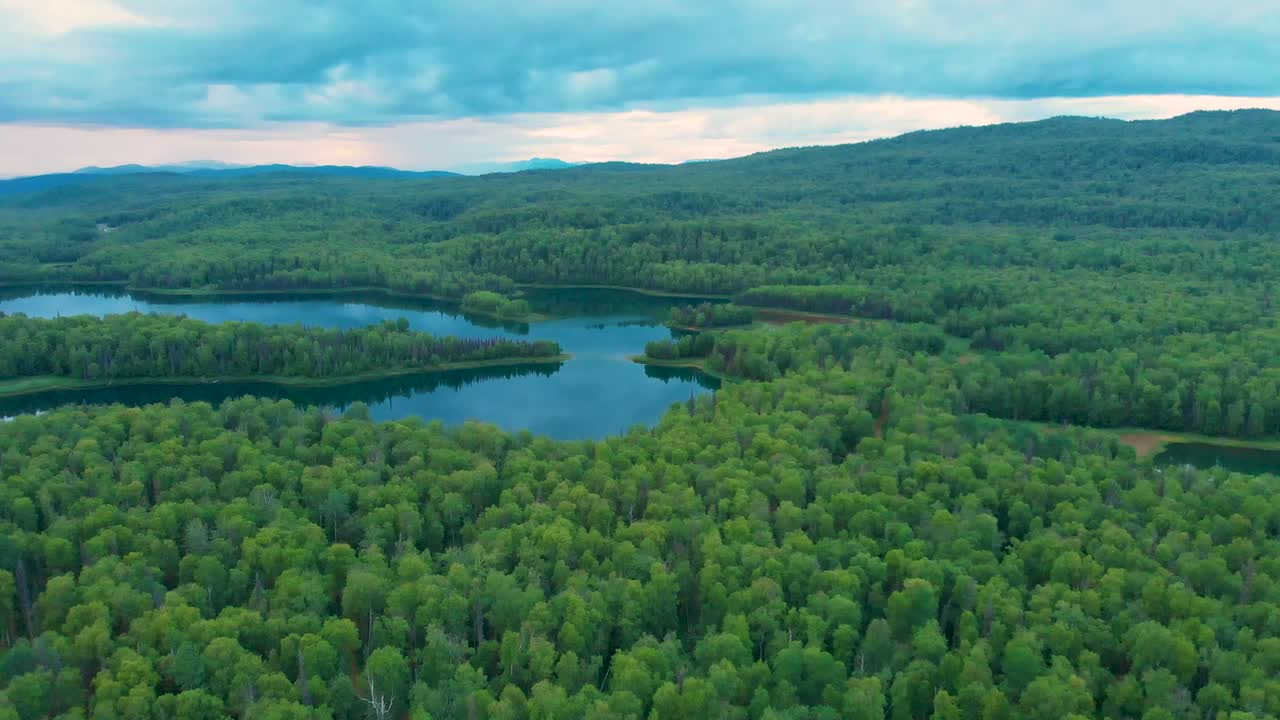 4K Drone Video of Lakes and Boreal Forest near Talkeetna, AK on Summer Evening