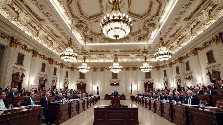 Wide-angle video shot of an opulent, ornate courtroom with chandeliers, capturing a formal assembly