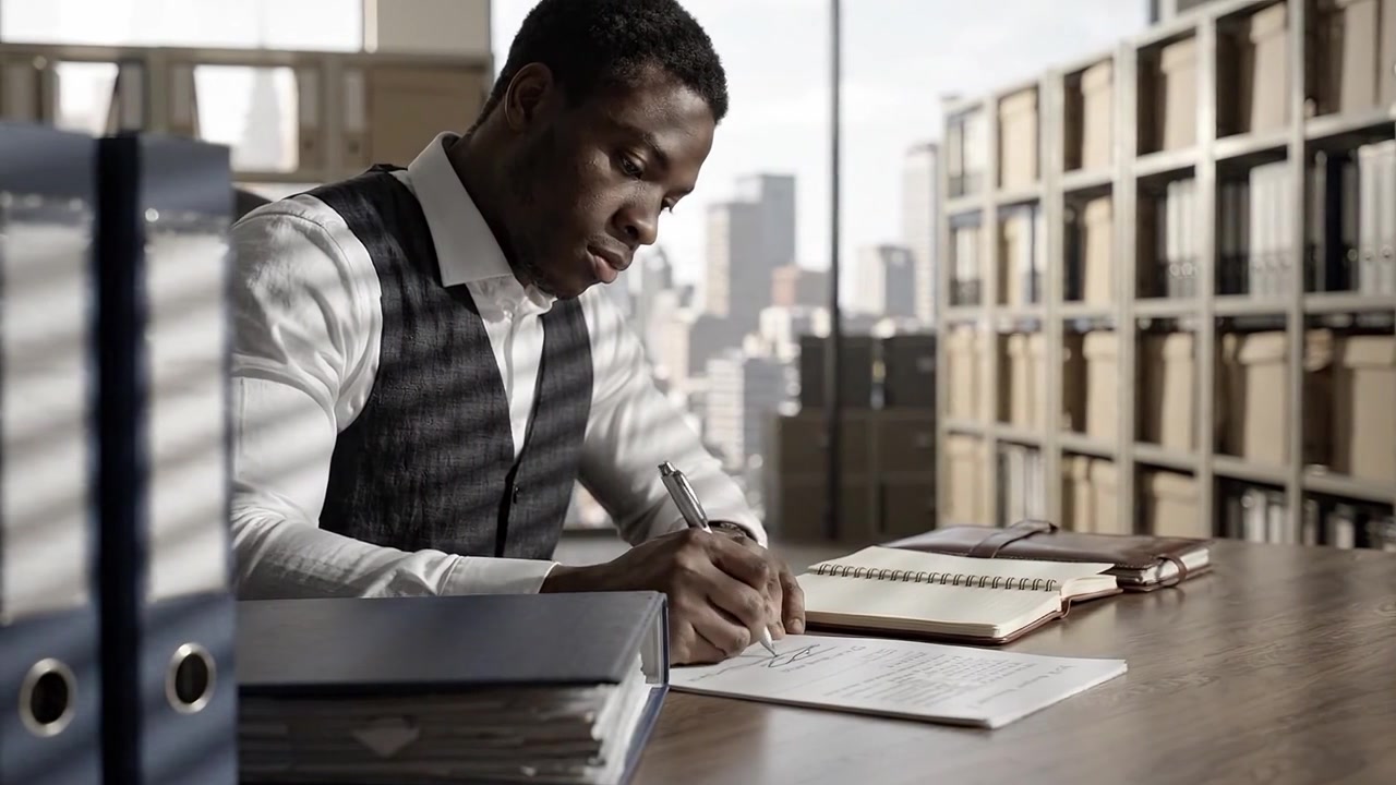 Focused Professional Reviews Documents at Office Desk Surrounded by Files and Notebooks in Bright Urban Setting with Soft Lighting