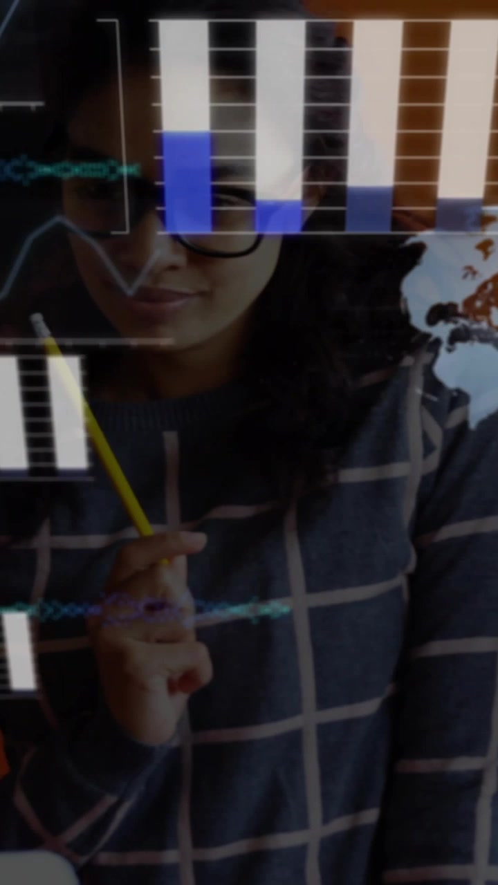 Vertical video: Business team analyzing data, woman pointing pencil causing charts covering frame