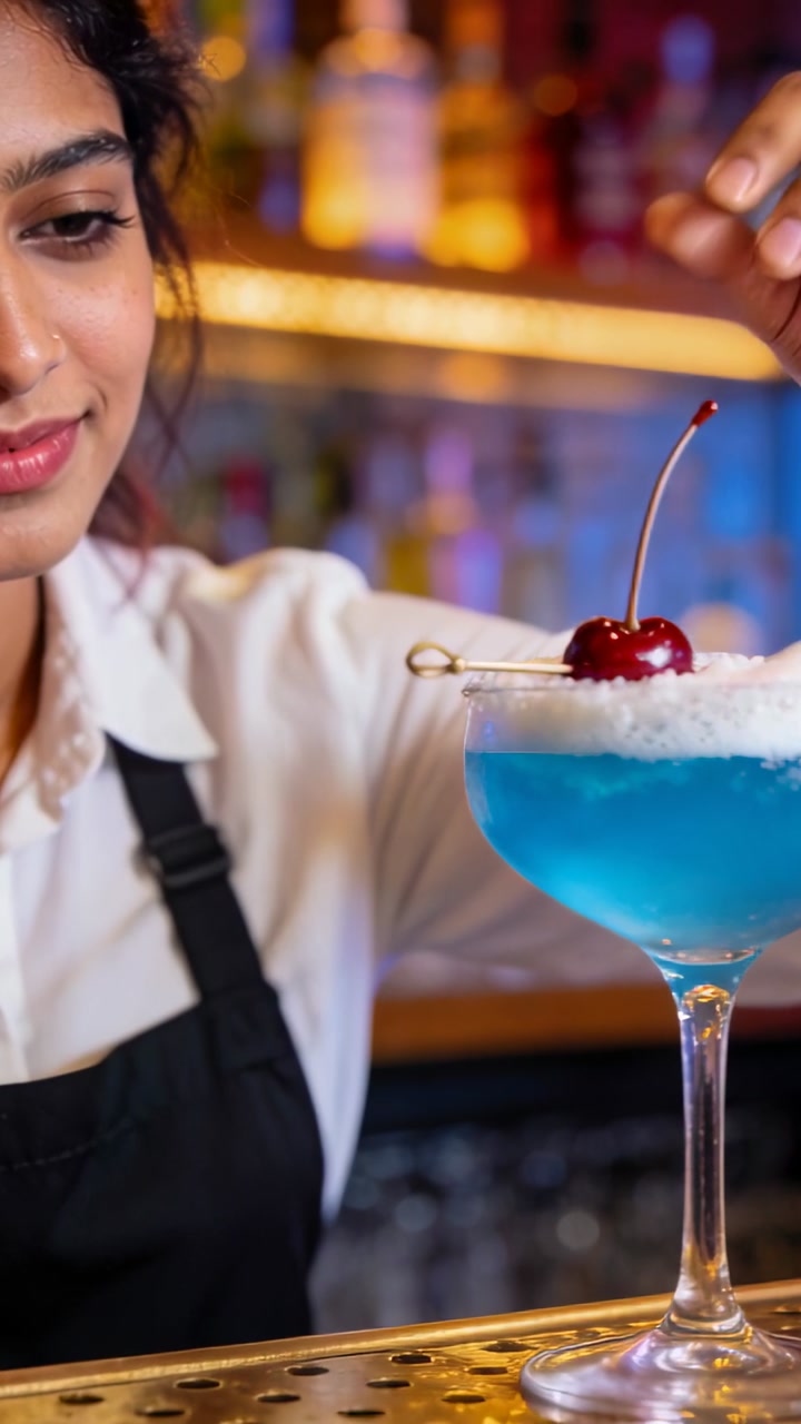 Vertical video: Finishing drink, bartender placing cherry on blue glass at bar in black apron