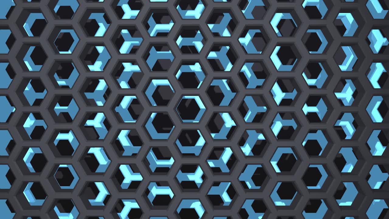abstract geometric 3d pattern. futuristic surface with hexagons, cells. motion graphics, looped animation. 4k live wallpaper, dark backdrop, Honeycomb shape black and blue color
