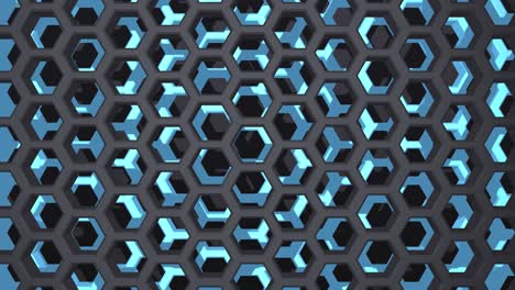 abstract geometric 3d pattern. futuristic surface with hexagons, cells. motion graphics, looped animation. 4k live wallpaper, dark backdrop, honeycomb shape black and blue color