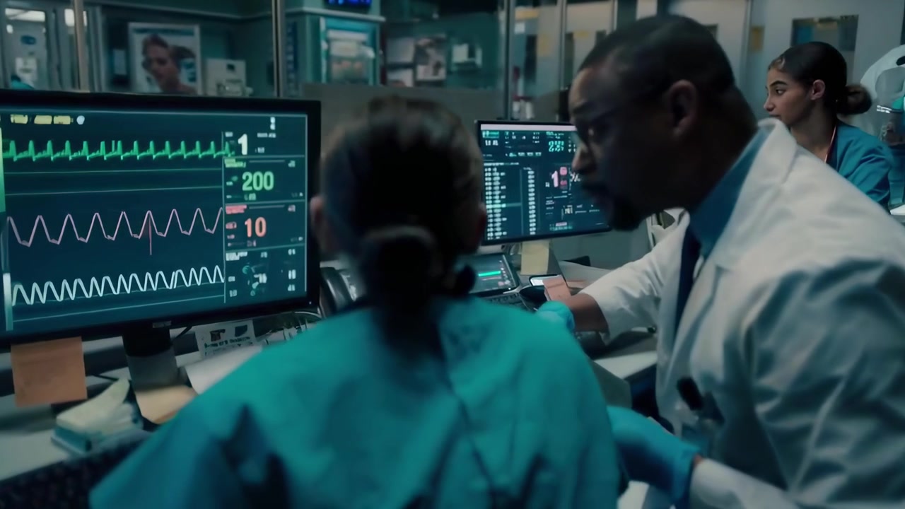 Medical Professionals Monitoring Patient Data on Screens in Hospital Control Room