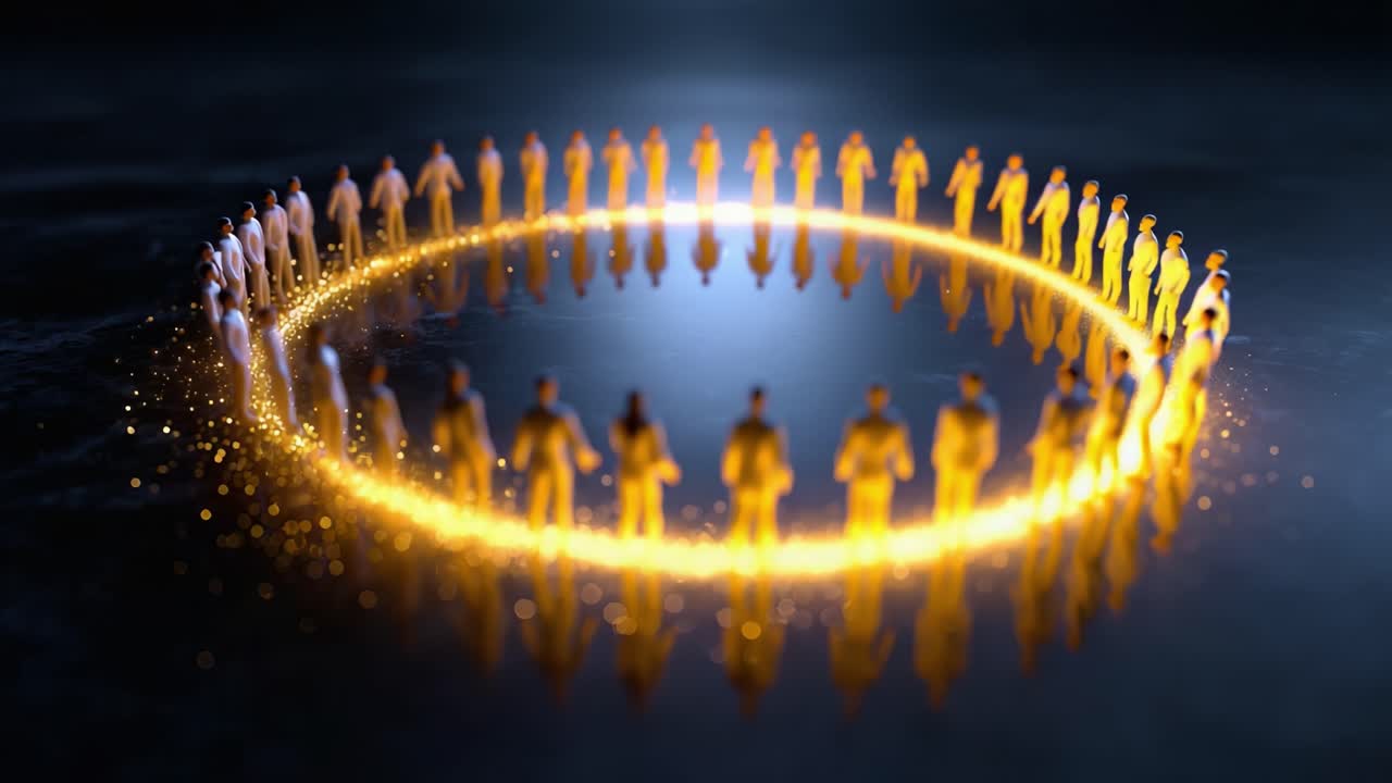 Illuminated Circle: A Serene Gathering of Figures in a Mystical Setting Surrounded by Sparkling Lights and Enigmatic Reflections on a Dark Surface