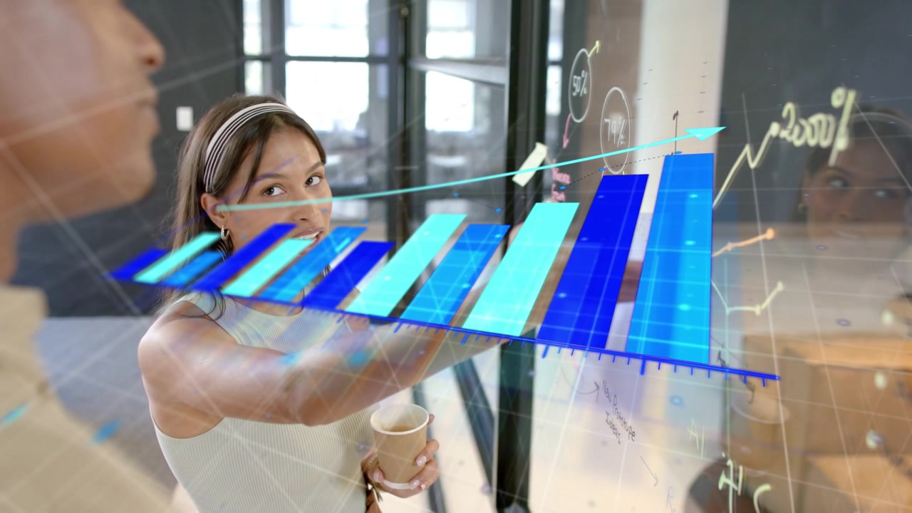 Woman presenting at glass wall in business 3D chart appearing and tapping bars showing upward trend