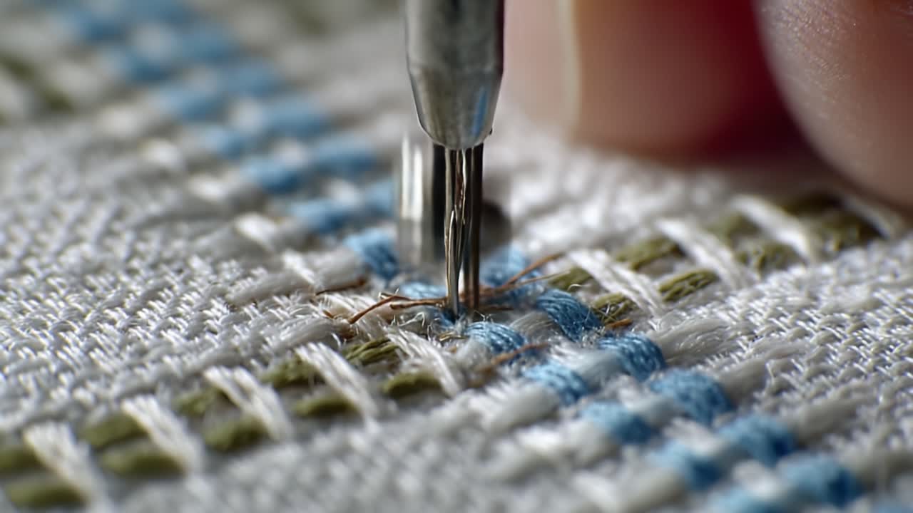 Close-Up of Needle and Thread in Embroidery Work, Demonstrating Precision and Detail in Textile Crafting Techniques on Fabric Surface