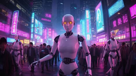 in a futuristic urban landscape, humanoid robots with glowing eyes navigate through a bustling crowd under vibrant neon lights, embodying a captivating blend of technology and life.