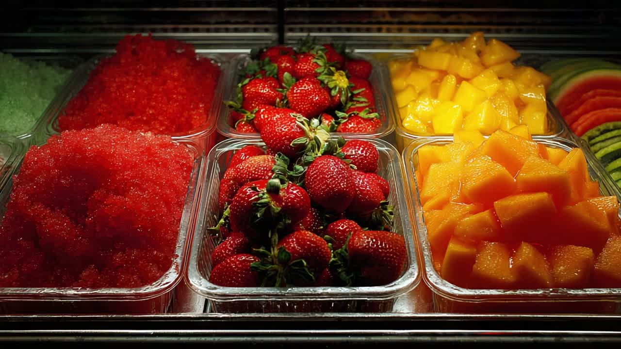 Une présentation éclatante de fruits frais et de glace aux saveurs colorées, mettant en valeur des fraises juteuses, des cubes de mangue sucrée et des copeaux de fruits rafraîchissants pour une délicieuse gâterie estivale