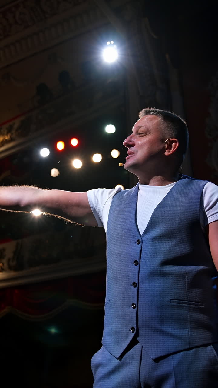 Man in front of theater hall put hand to ear. Actor is standing on stage and talking with public during the performance. Classic theater interior. Vertical video