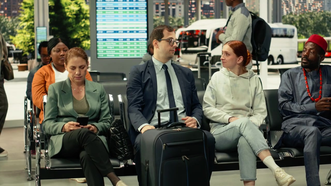 Young couple sitting in busy coach station prepares for intercity bus travel