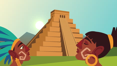 culture aztec pyramid and natives profiles scene animation