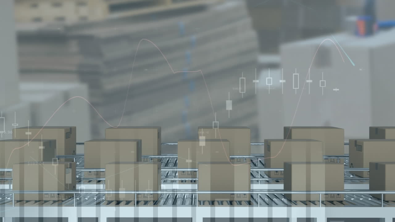 Animazione di elaborazione dati su scatole su nastri trasportatori in magazzino