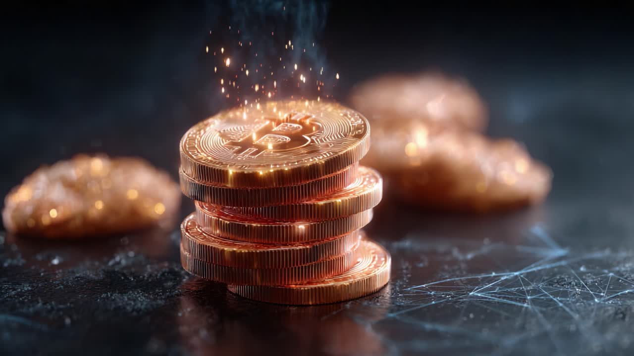 Illuminated Bitcoin Coins Stacked with Glimmering Effects Against a Dark Background, Signifying Wealth and Digital Currency Innovations