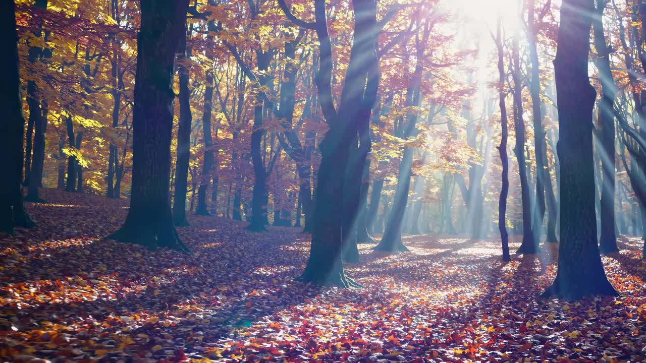 A serene video capturing sunlight filtering through autumn trees, creating a magical forest