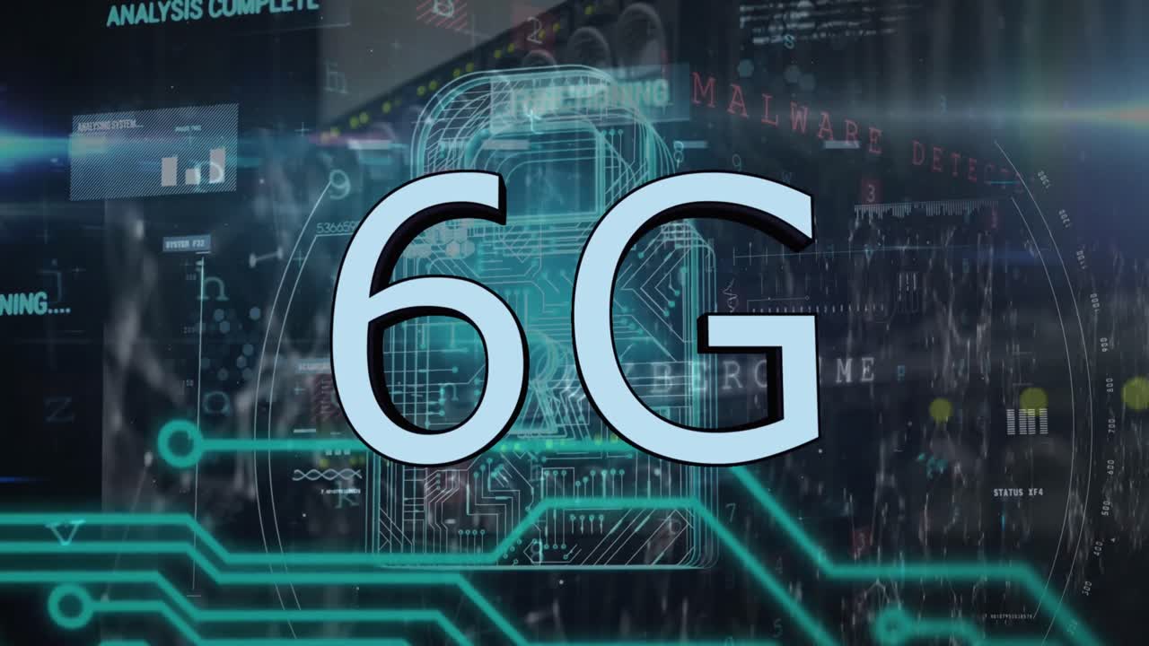 Animaatio 6G-tekstistä, riippulukosta, tietokonepalvelimista ja datankäsittelystä.