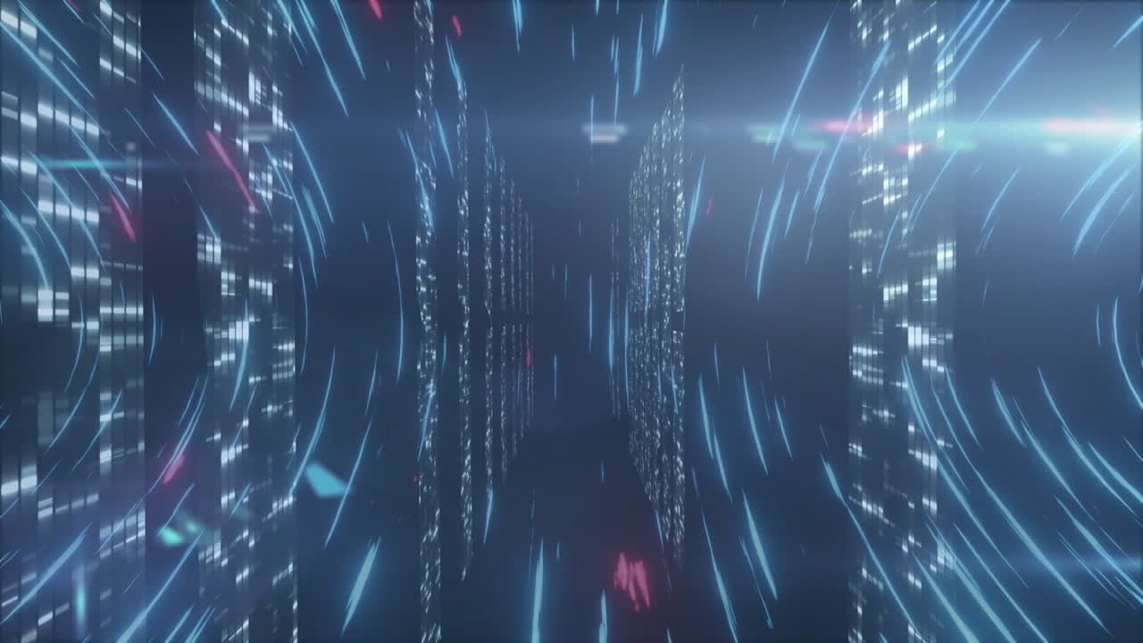 Futuristic data tunnel streaming, featuring glowing grid panels with neon blue and magenta accents