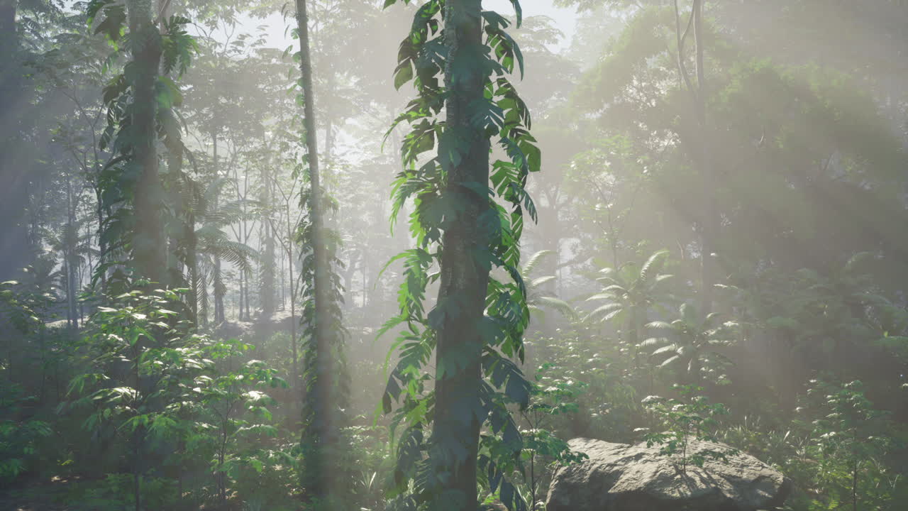 la luz del sol se extiende a través de una densa selva tropical.
