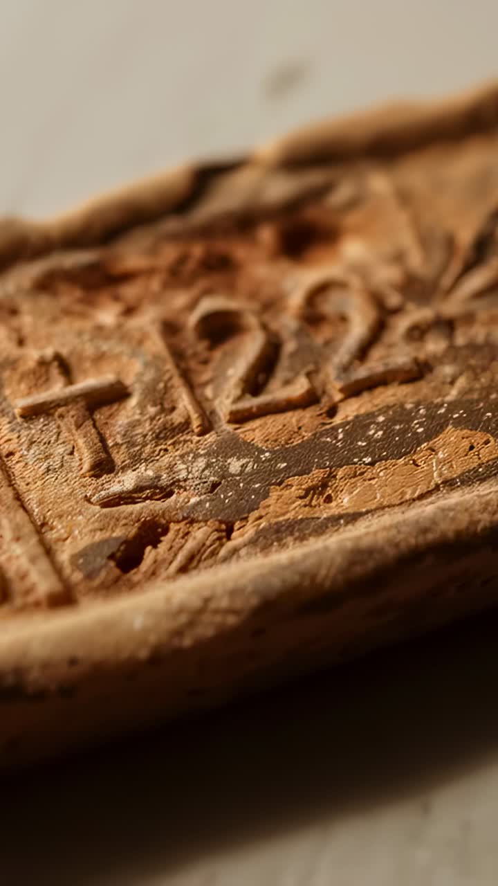 Vertical video: Moving camera showing clay plaque in studio, focusing on carved T22 to show texture
