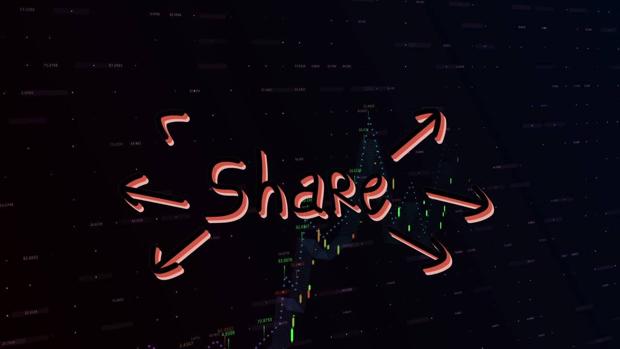Animation of share text and data processing on black background