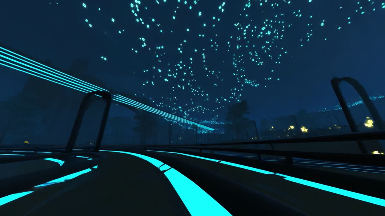 A Mesmerizing Night Journey Through a Starry Digital Landscape with Luminous Trails and Ethereal Glow, Creating a Fantastical Atmosphere of Adventure and Exploration