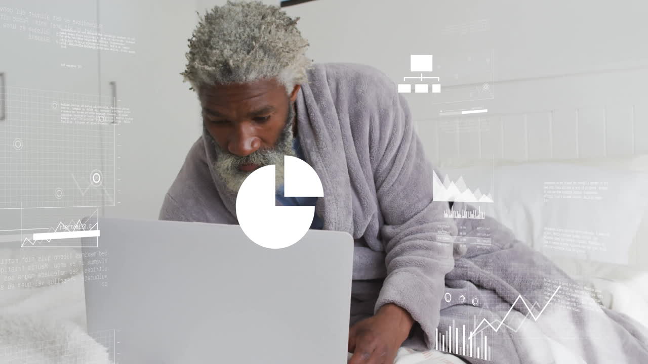 Animation of financial data processing over senior african american man using laptop