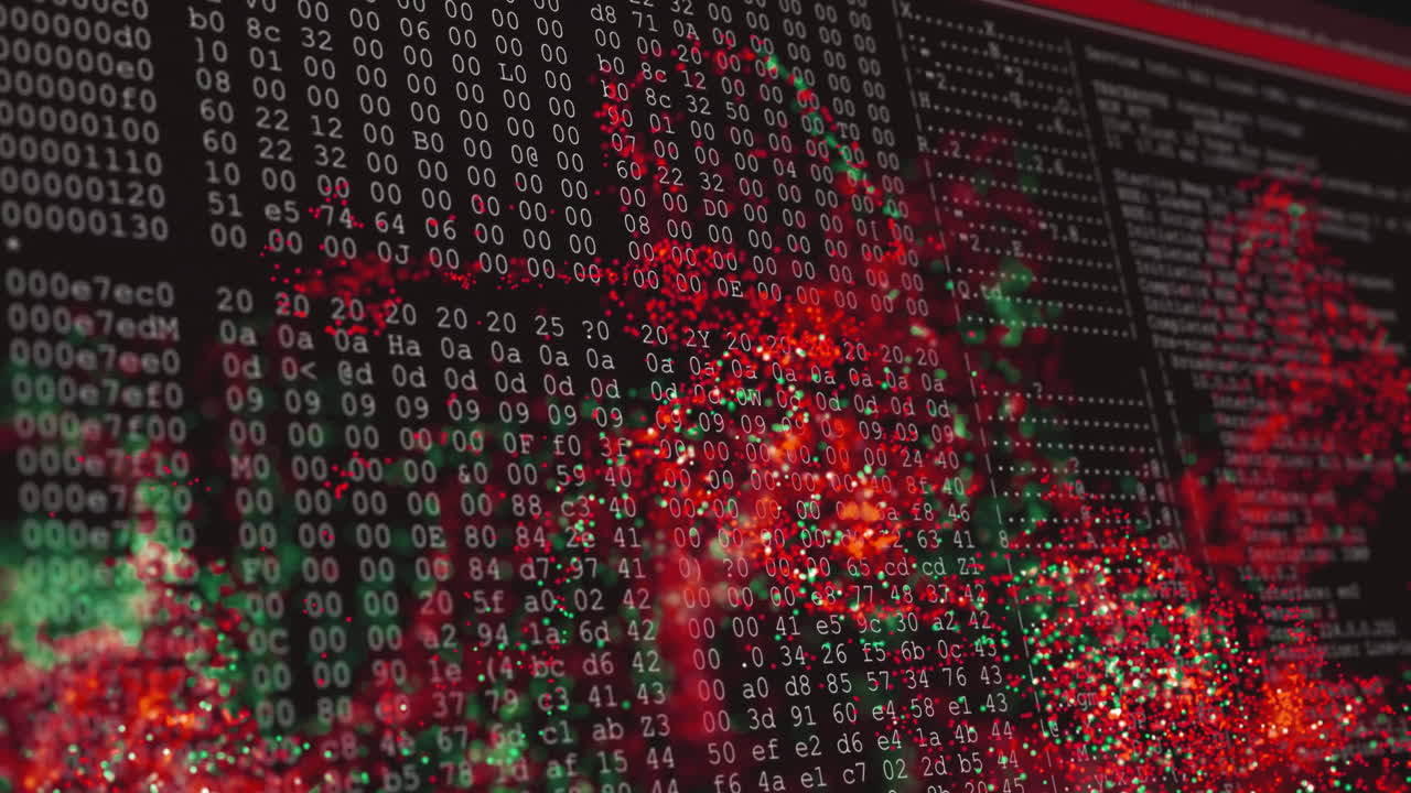 Digital virus cluster pulsating over scrolling hex code and binary code, with flat design pixels