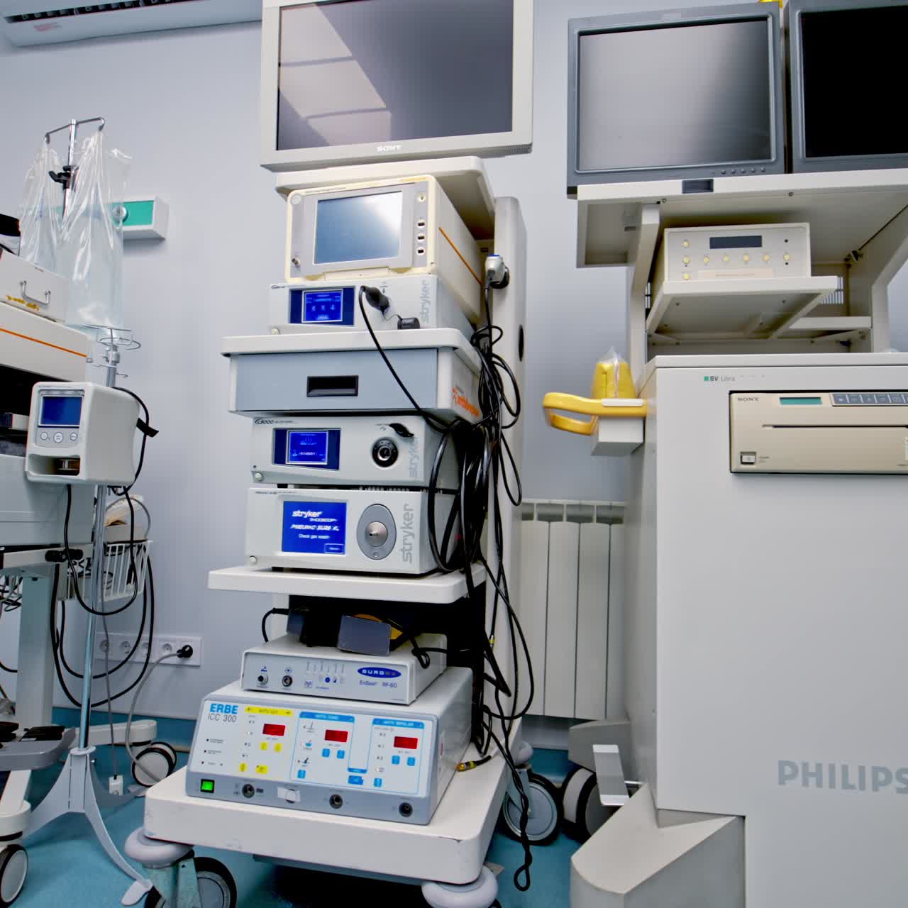 Close look at the advanced equipment in up-to-date surgery room. Modern apparatuses ready for usage at surgical operations