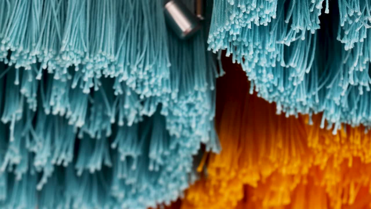 Detaljert visning av fargerike tekstil dusker som beveger seg forsiktig med myk belysning og lavt fokus