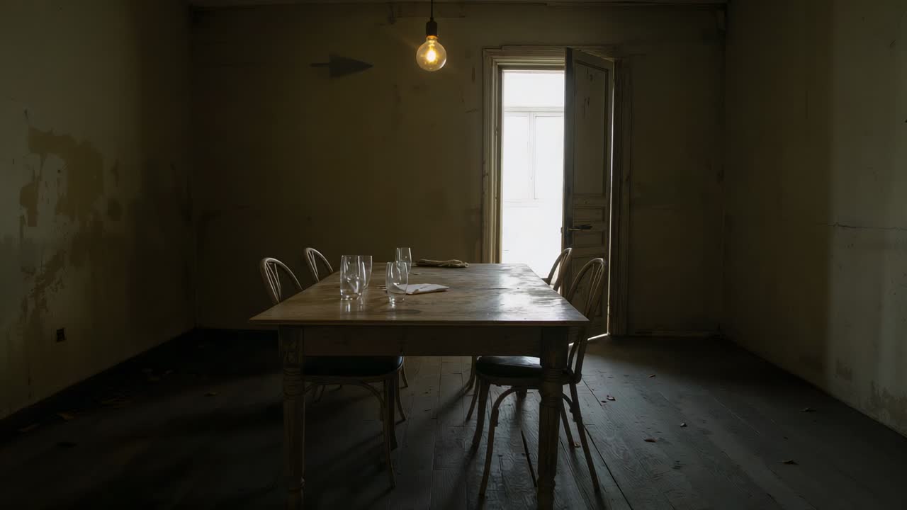 Brightening exterior light through tall door, wooden table holding glasses, napkin, bulb shadows